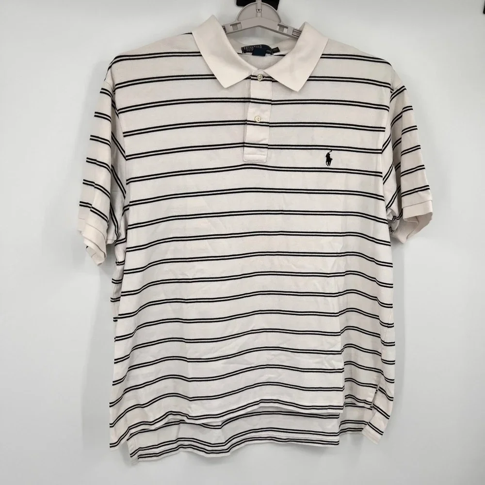 Polo Ralph Lauren Mens 2XB Big White Navy‎ Blue Striped Cotton Pique Polo Shirt